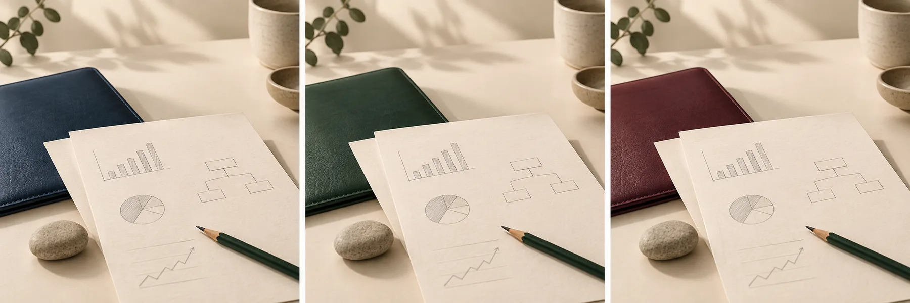 A leather preparation folio beside handwritten charts on a warm ivory desk